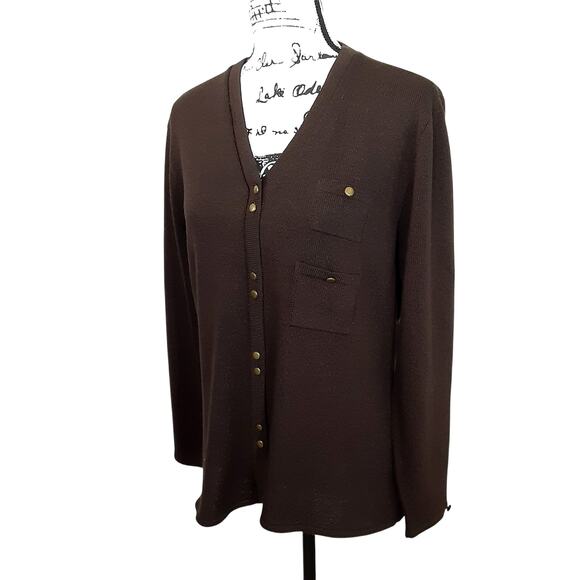 Vintage 80s Chocolate Brown Cardigan Sweater Equestrian V Neck Womens L Minimal - Picture 2 of 9